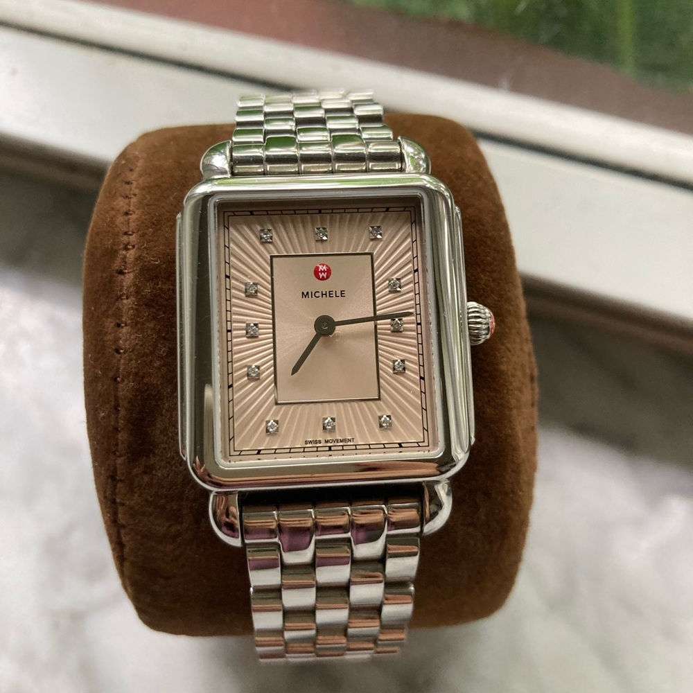 Michele Silver Bracelet Watch with Pink Sunburst Dial